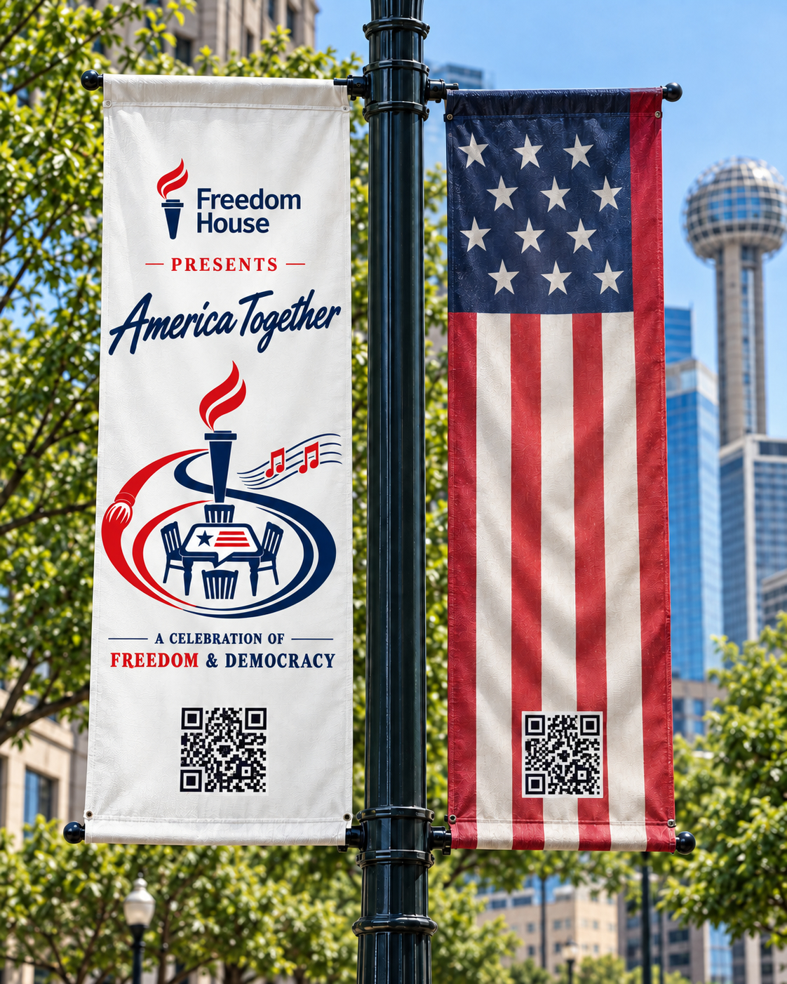 America Together and American flag banners with QR codes on a Dallas lamppost