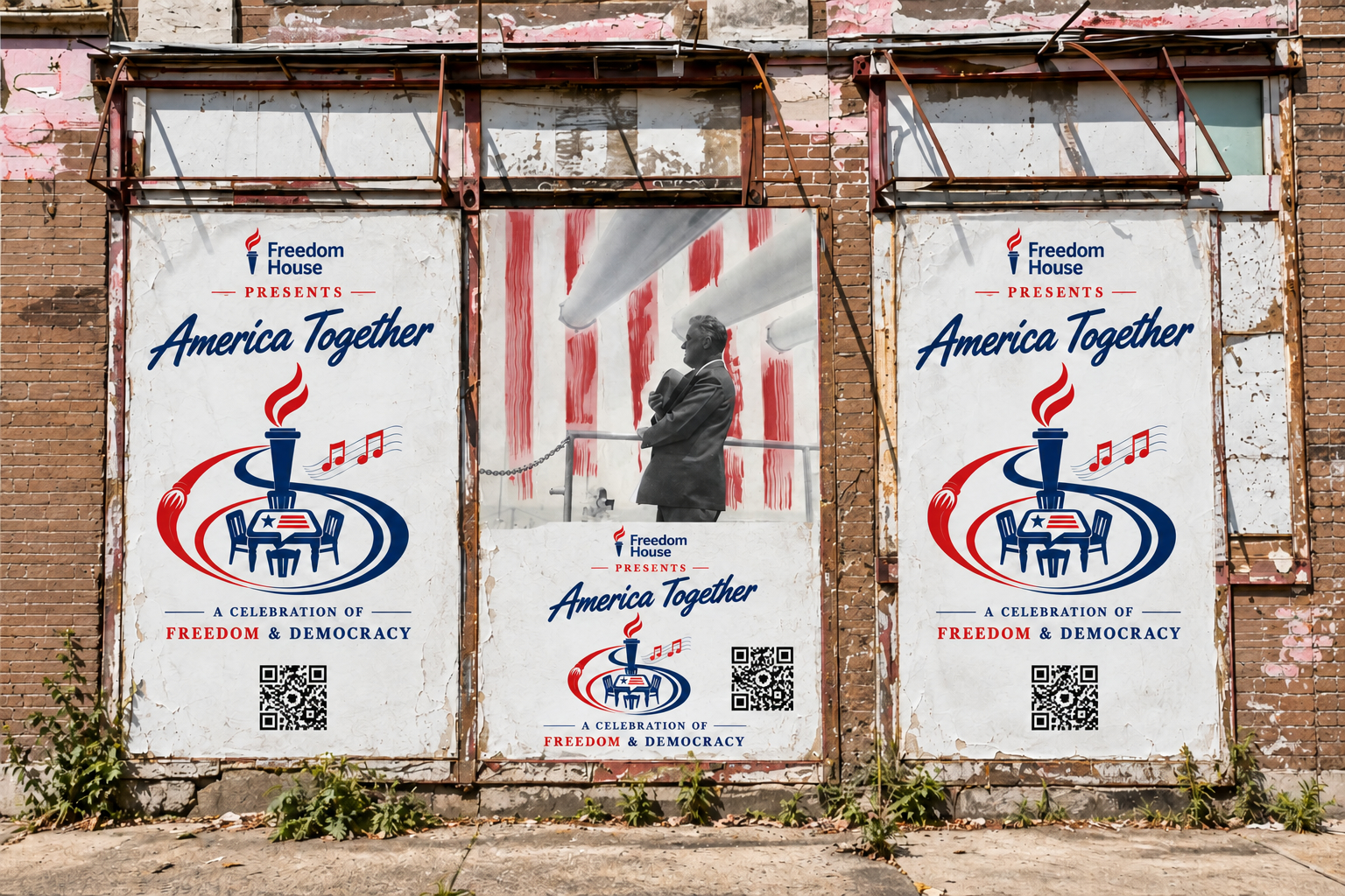 Dallas wall campaign concept featuring Laura Roosevelt’s painting with red stripes and America Together posters